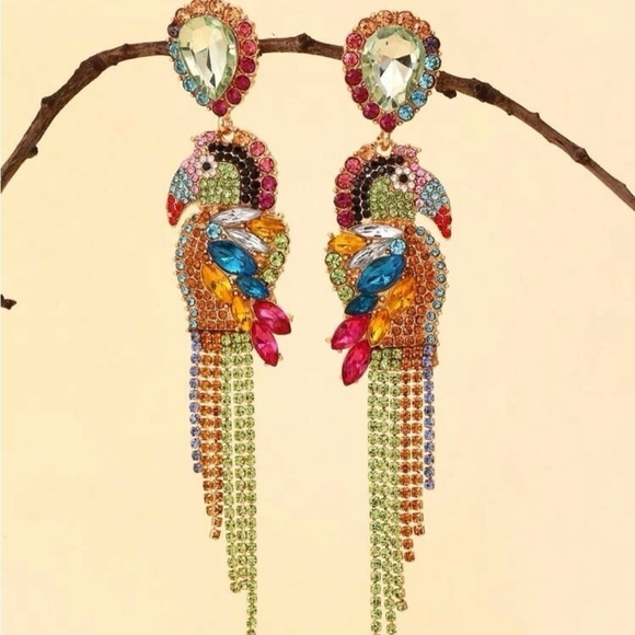 Parrot Bird Rhinestone Drop Earrings - Picture 9 of 17